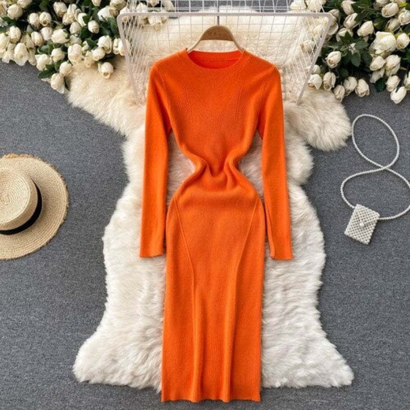 Elegant O Neck Tight Stretch Knit Dress For Women-Soco Hoodie