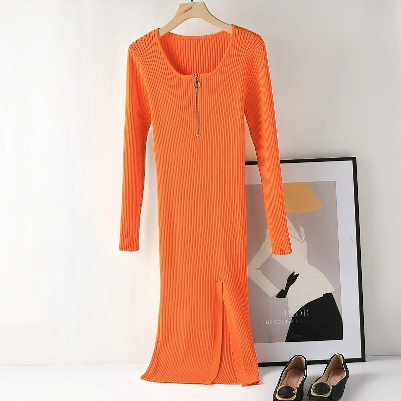Slim Fit Knitted Long Sleeved Zipper Dress-Soco Hoodie