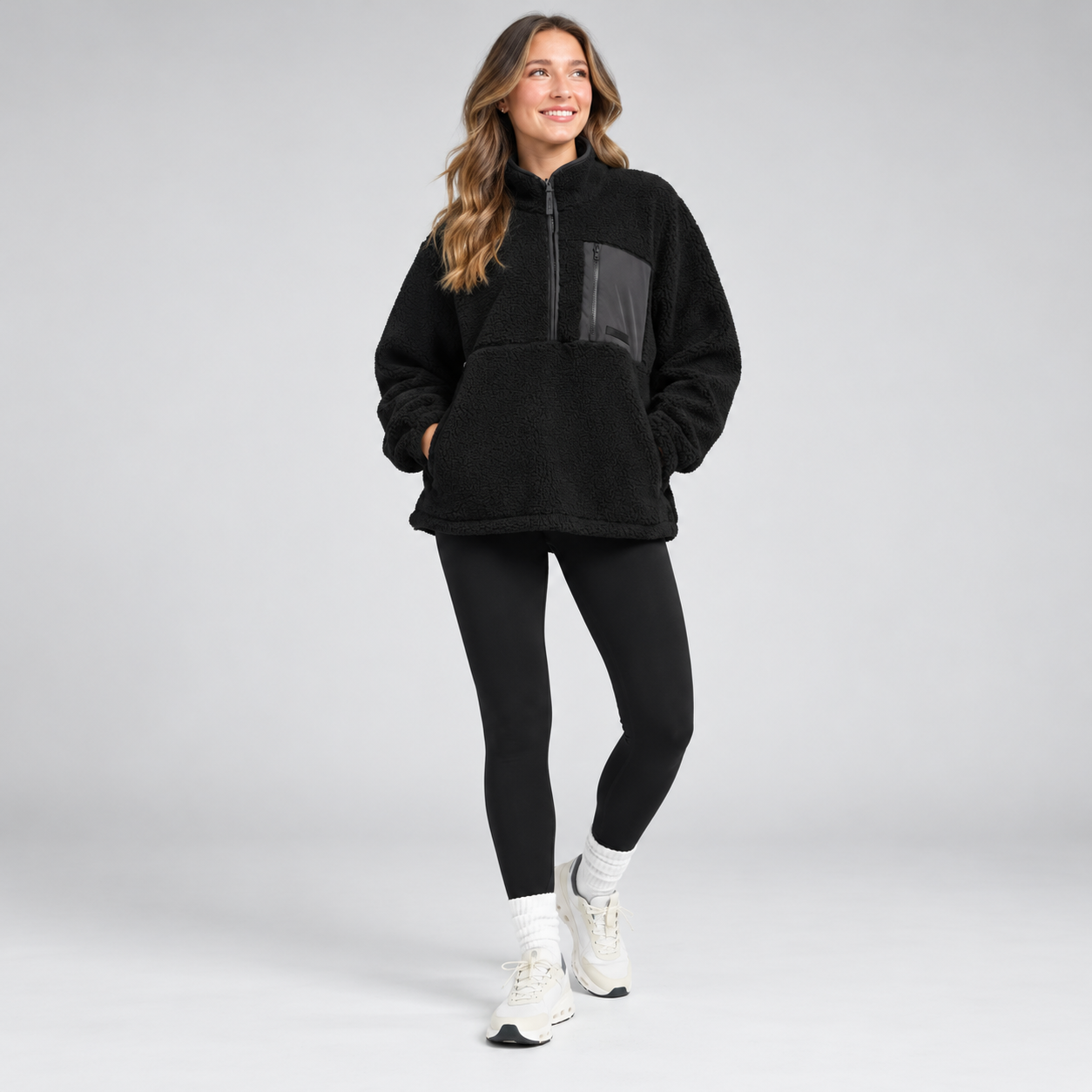 Oversized Fit Casual Teddy Fleece Half Zip Jacket For Women