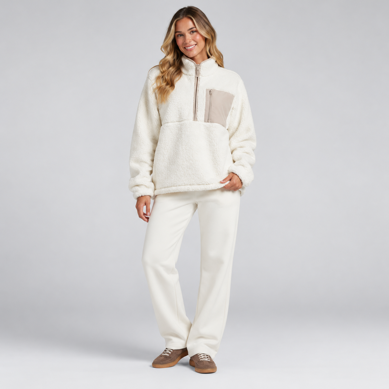 Oversized Fit Casual Teddy Fleece Half Zip Jacket For Women