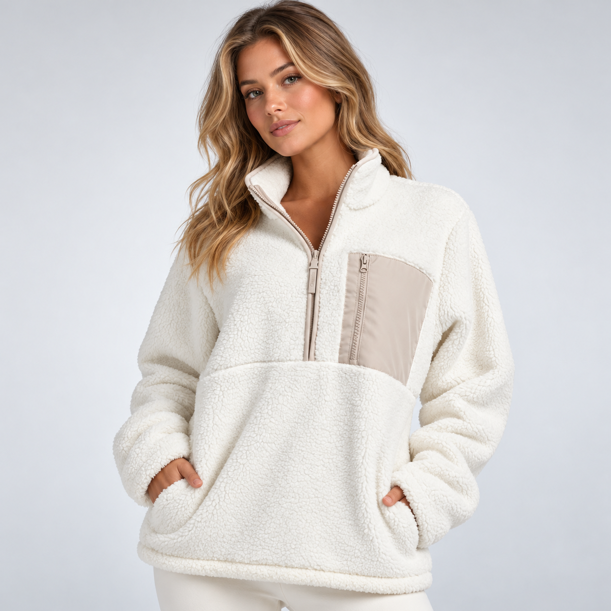 Oversized Fit Casual Teddy Fleece Half Zip Jacket For Women