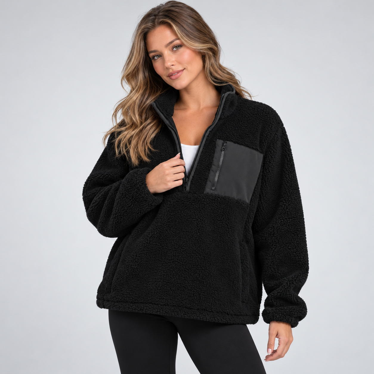 Oversized Fit Casual Teddy Fleece Half Zip Jacket For Women