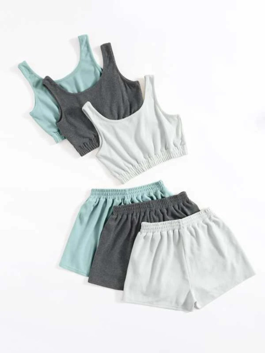 Pack Of 3 Crop Tank Top And Knot Front Shorts Set-Soco Hoodie
