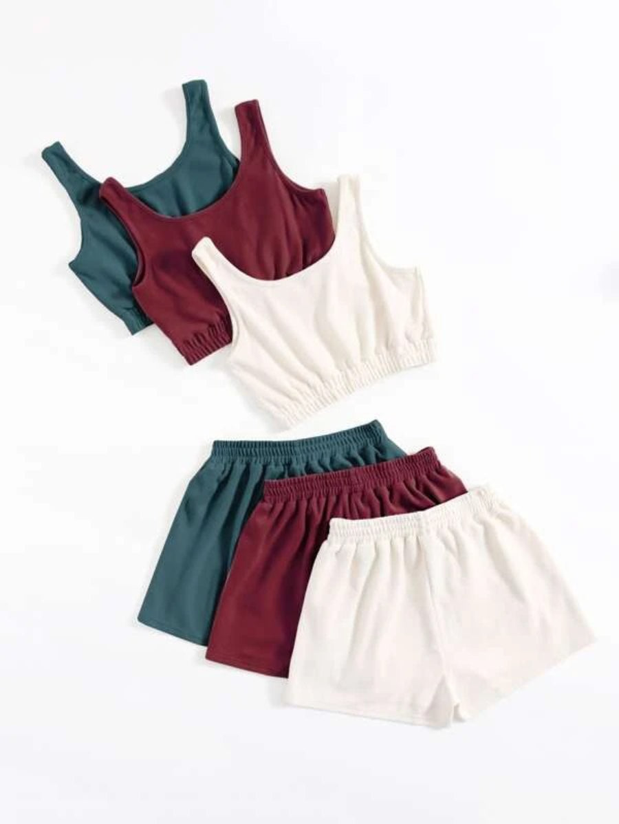 Pack Of 3 Crop Top And Knot Front Shorts Lounge Set-Soco Hoodie
