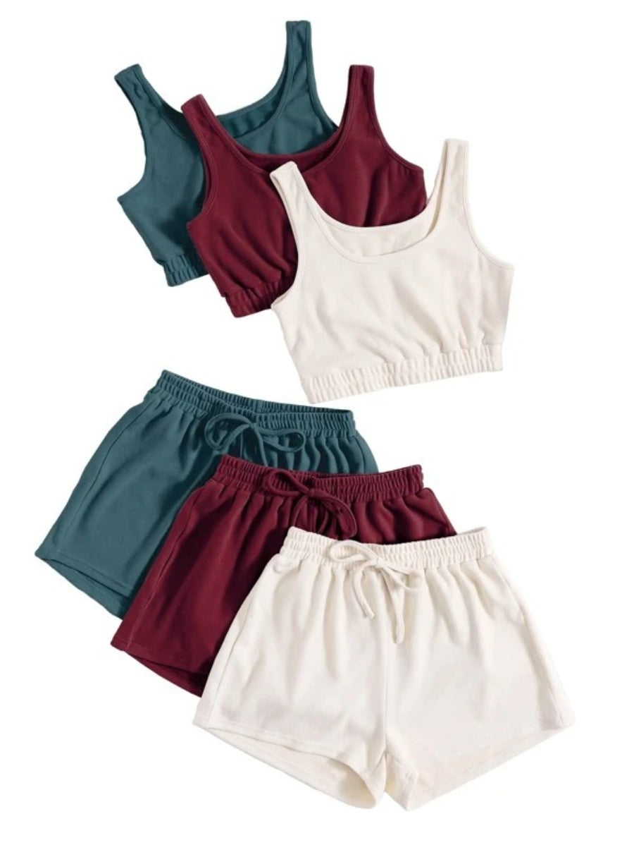 Pack Of 3 Crop Top And Knot Front Shorts Lounge Set-Soco Hoodie