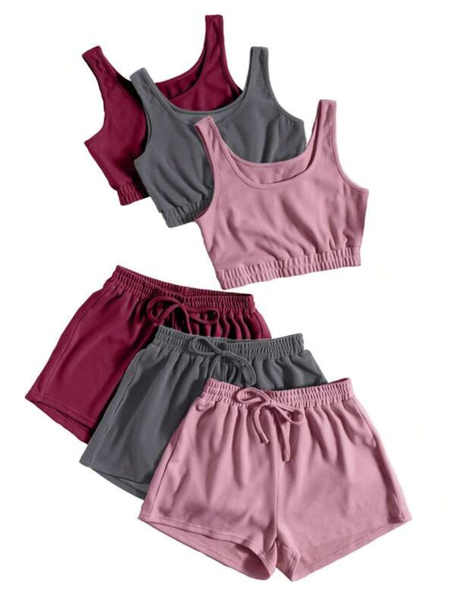 Pack Of 3 Crop Top And Knot Front Shorts Set-Soco Hoodie