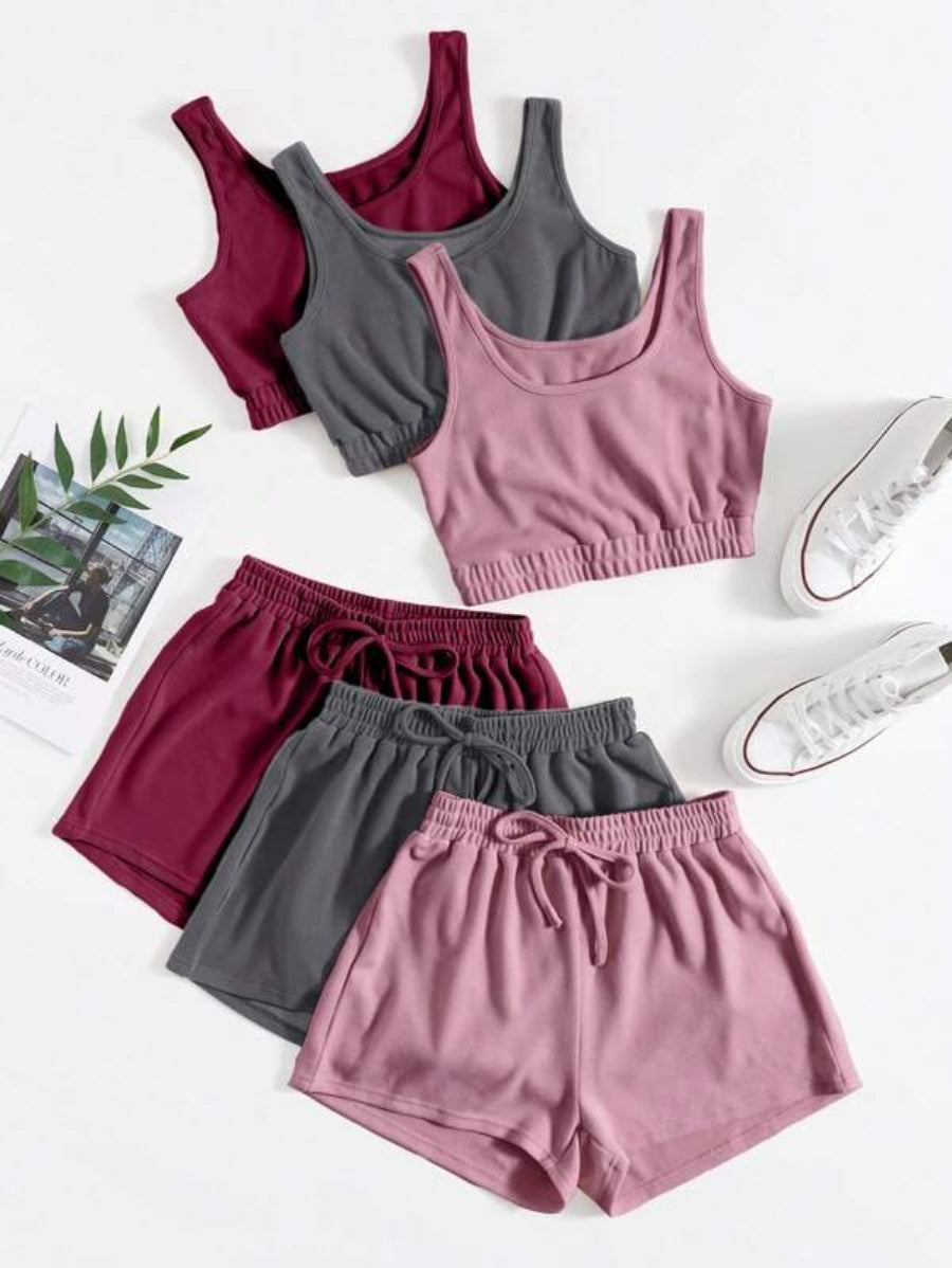 Pack Of 3 Crop Top And Knot Front Shorts Set-Soco Hoodie
