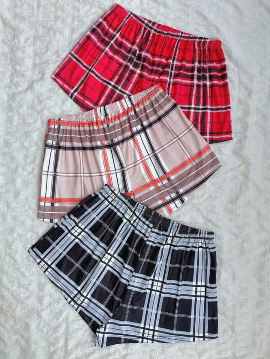 Pack Of 3 Plaid Patterned Sleep Shorts-Soco Hoodie