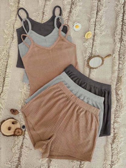 Pack Of 3 Plain Cami Top And Shorts Set-Soco Hoodie