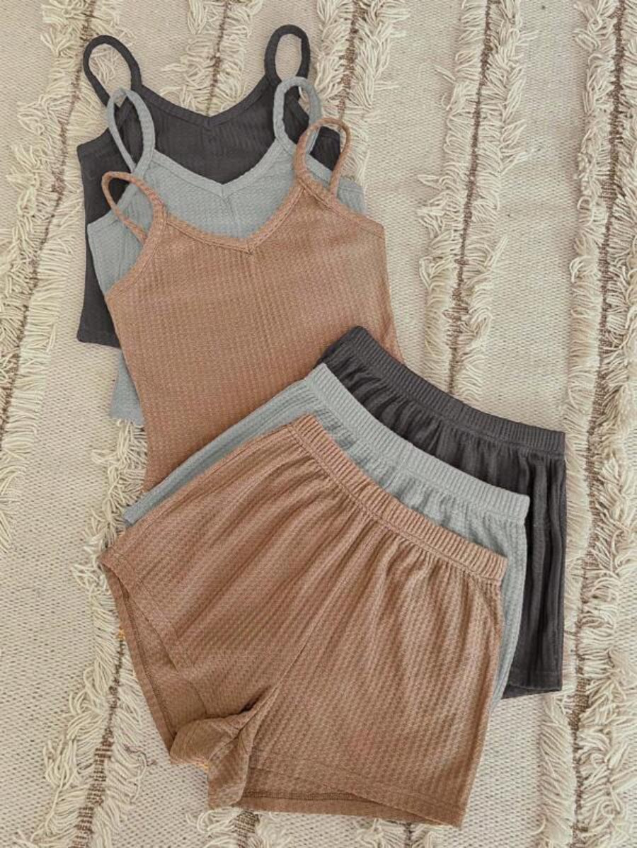 Pack Of 3 Plain Cami Top And Shorts Set-Soco Hoodie