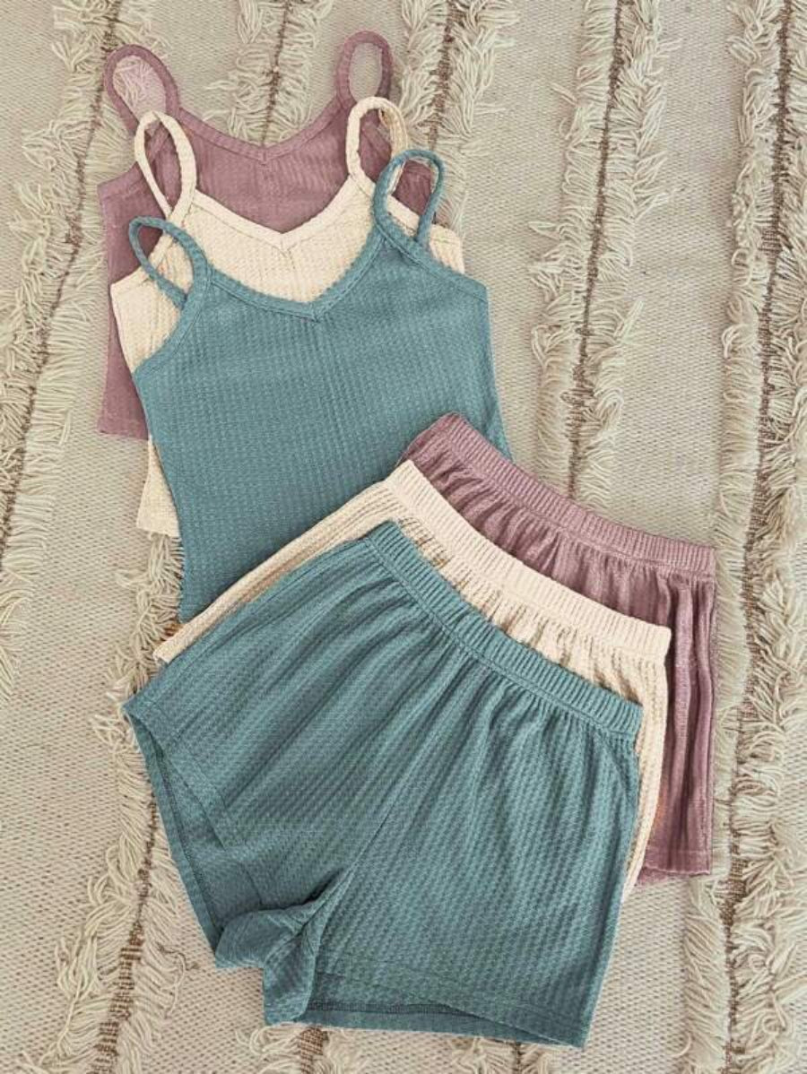 Pack Of 3 Solid Cami Top And Shorts Lounge Set-Soco Hoodie