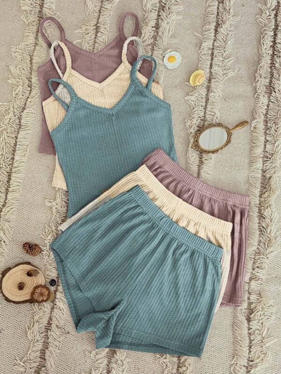 Pack Of 3 Solid Cami Top And Shorts Lounge Set-Soco Hoodie