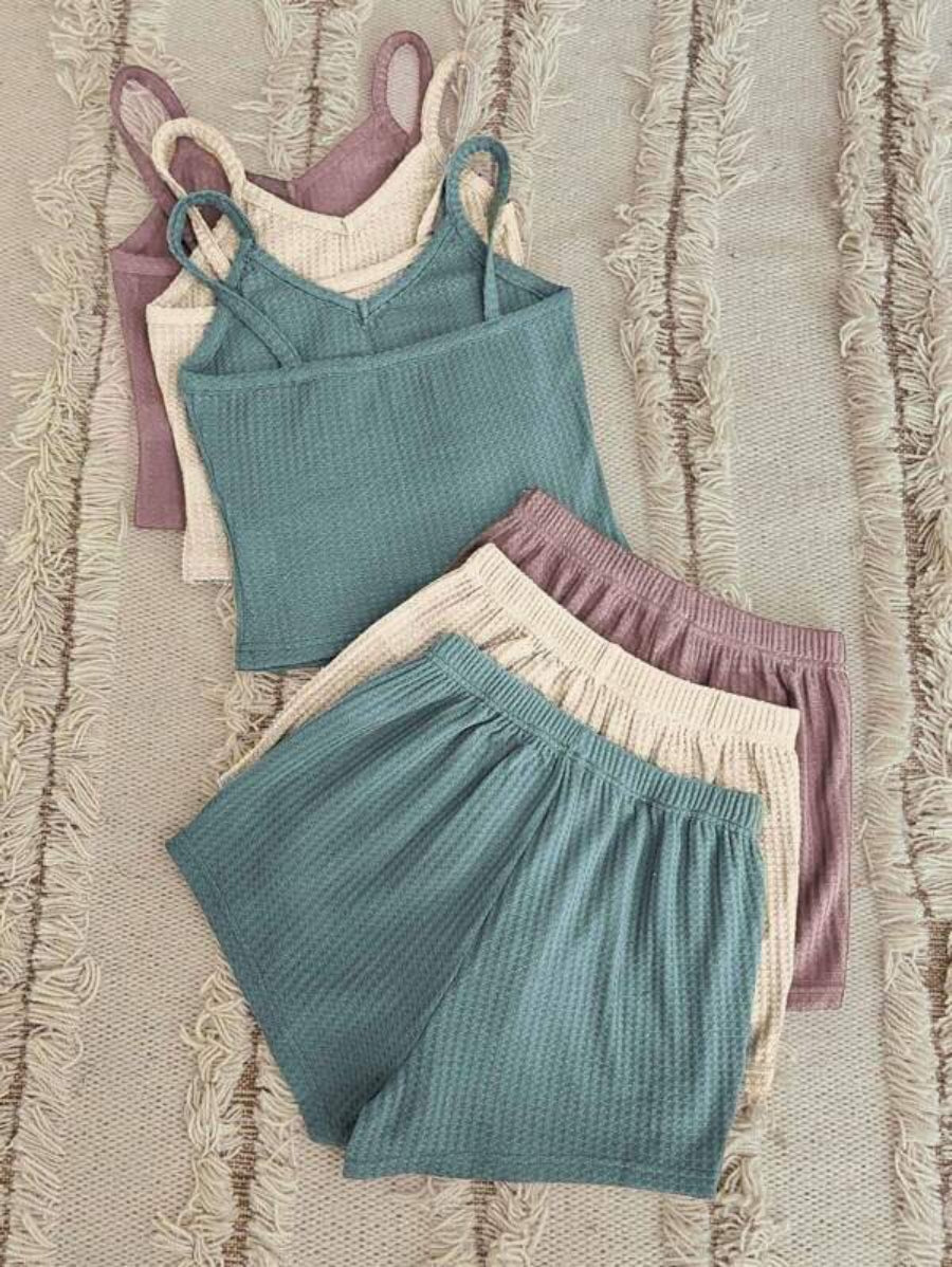 Pack Of 3 Solid Cami Top And Shorts Lounge Set-Soco Hoodie