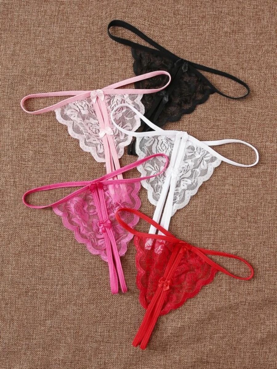Pack Of 5 Floral Lace Crotchless Thong Set-Soco Hoodie