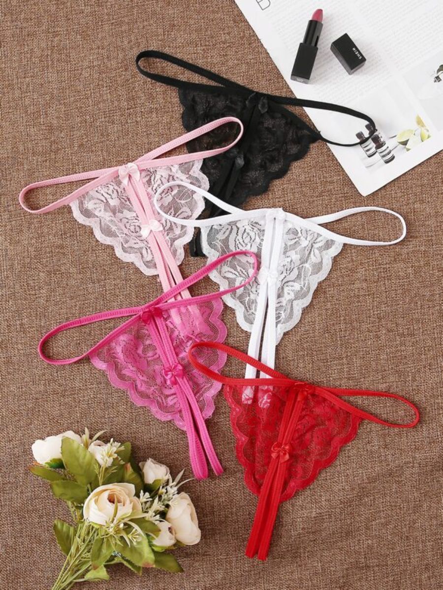 Pack Of 5 Floral Lace Crotchless Thong Set-Soco Hoodie
