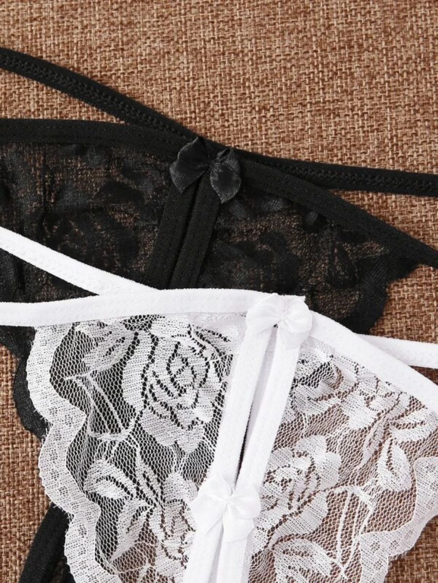 Pack Of 5 Floral Lace Crotchless Thong Set-Soco Hoodie