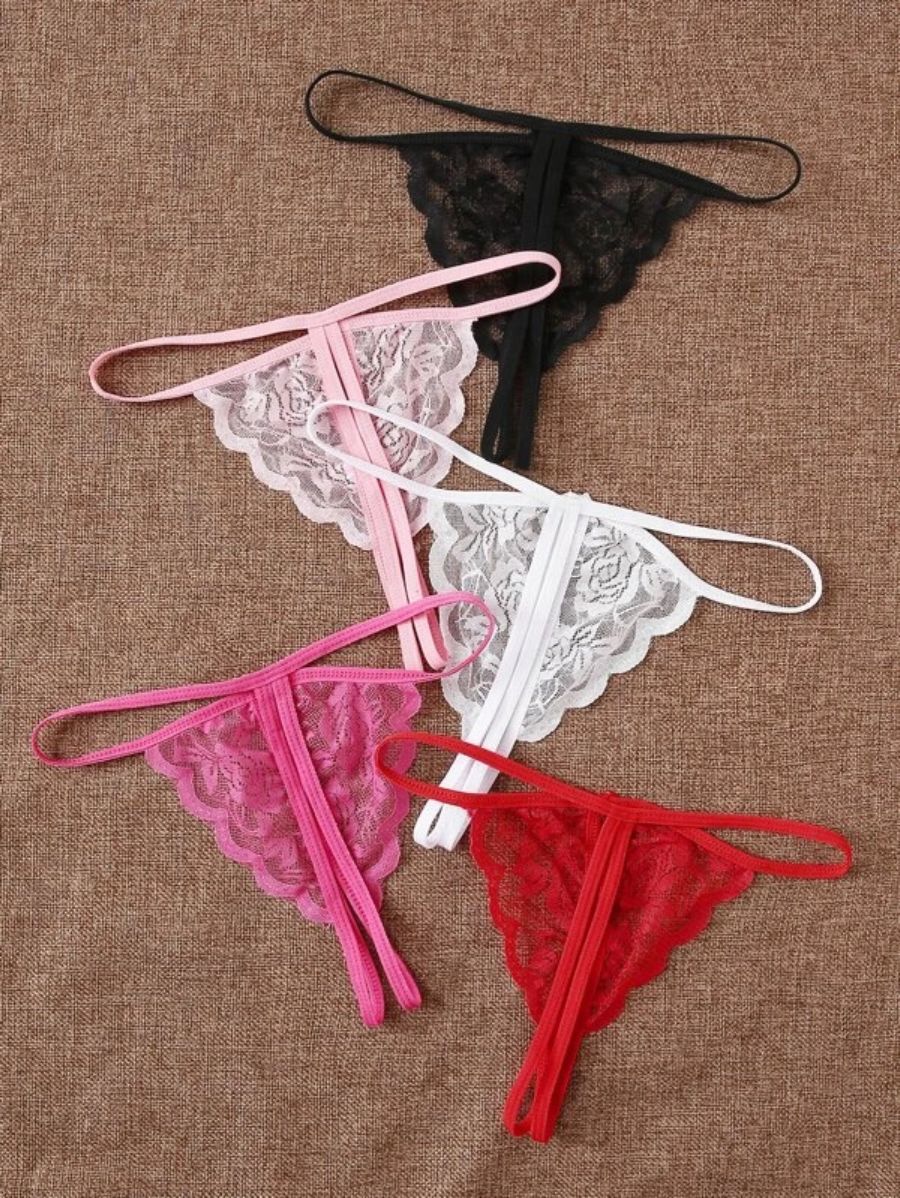 Pack Of 5 Floral Lace Crotchless Thong Set-Soco Hoodie