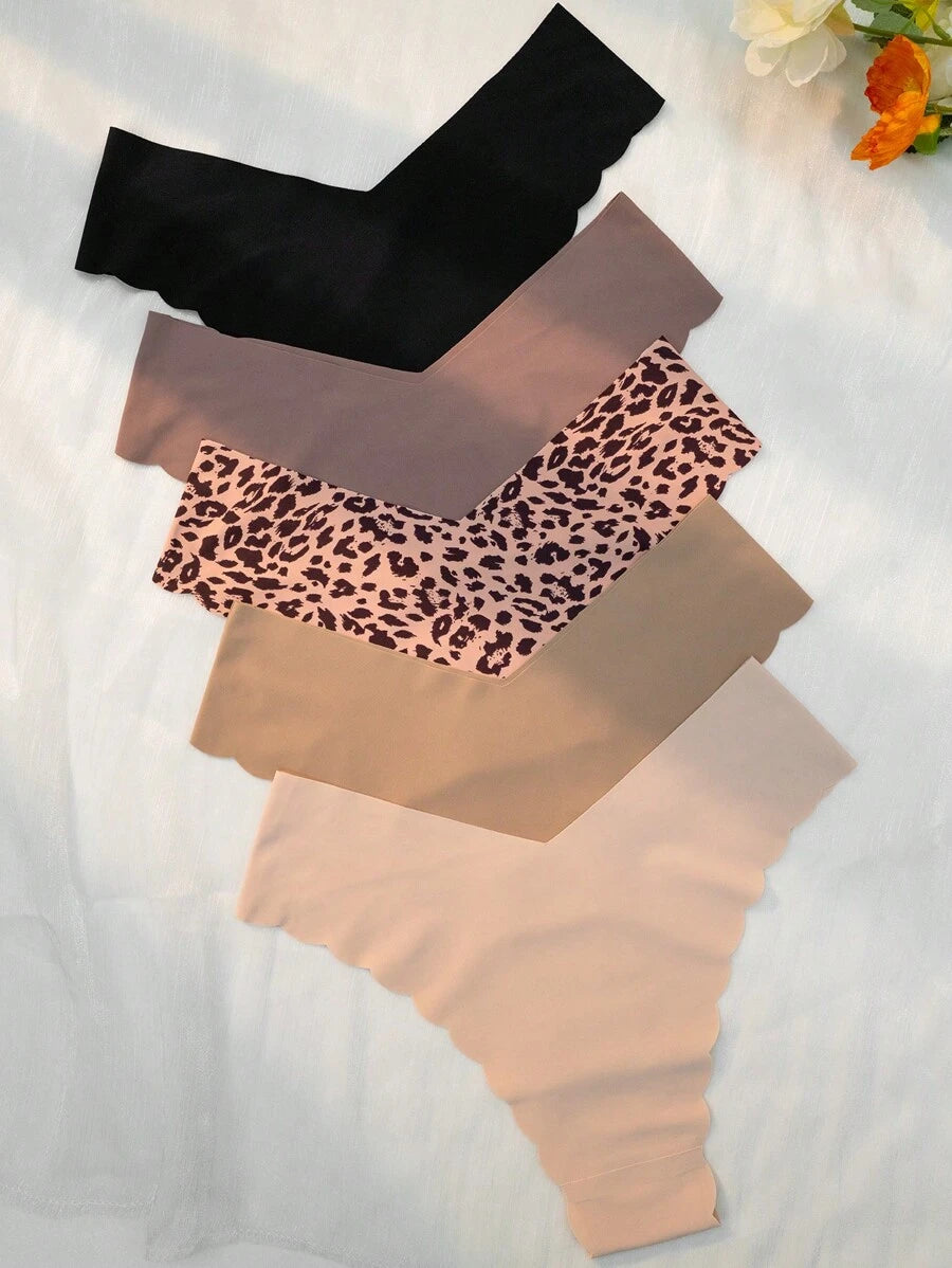 Pack Of 5 Leopard Print Scallop Trim Briefs-Soco Hoodie