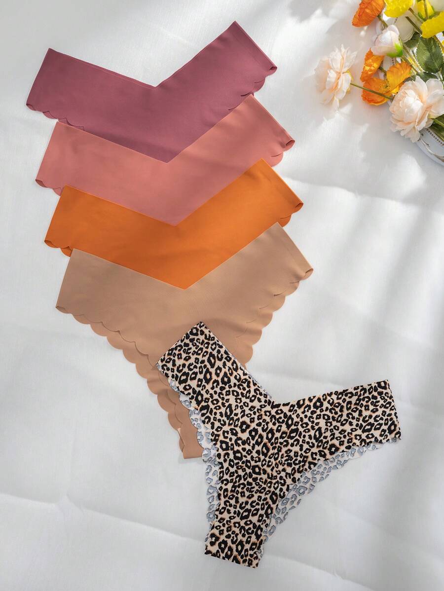 Pack Of 5 Leopard Scallop Trim Briefs-Soco Hoodie