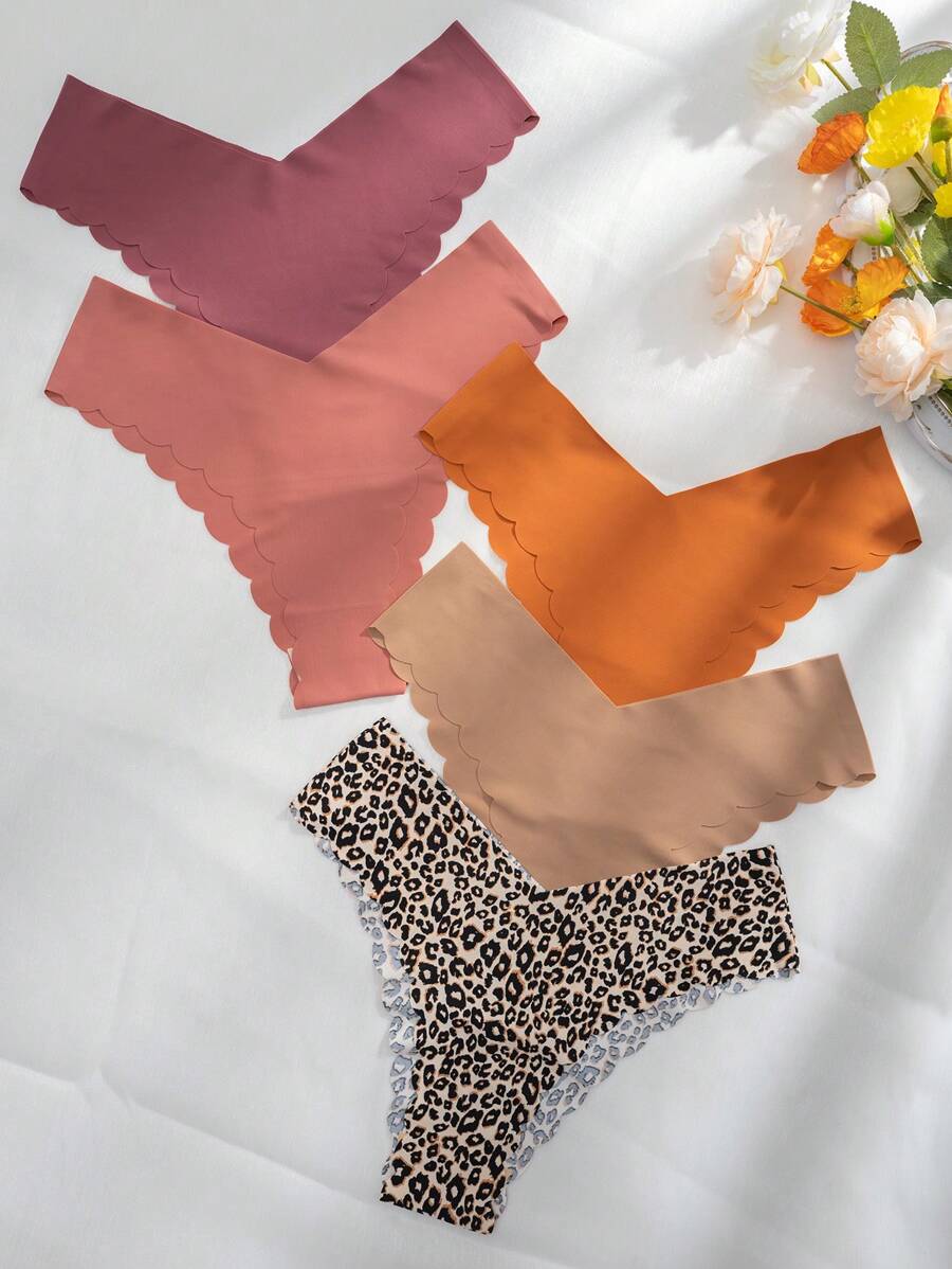 Pack Of 5 Leopard Scallop Trim Briefs-Soco Hoodie