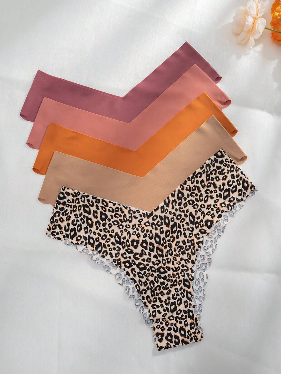 Pack Of 5 Leopard Scallop Trim Briefs-Soco Hoodie