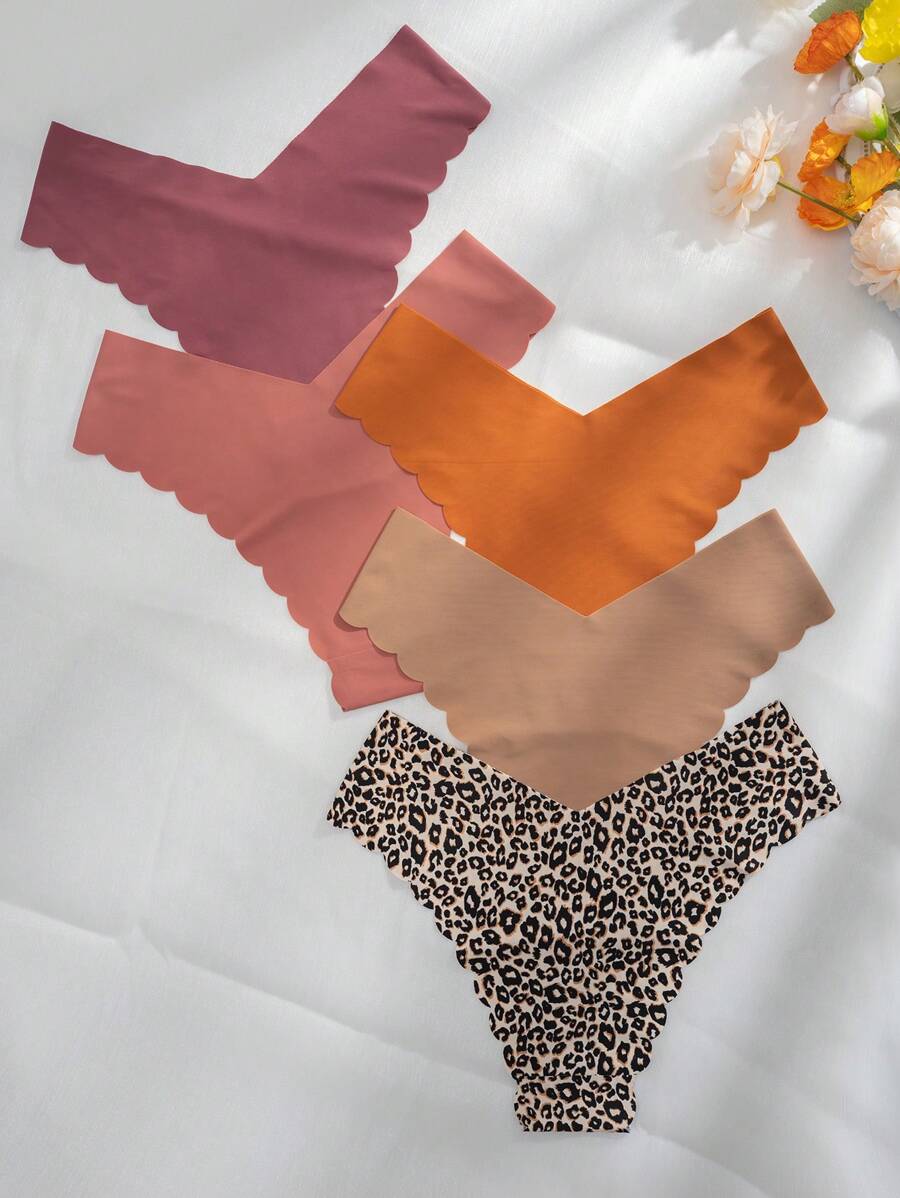 Pack Of 5 Leopard Scallop Trim Briefs-Soco Hoodie