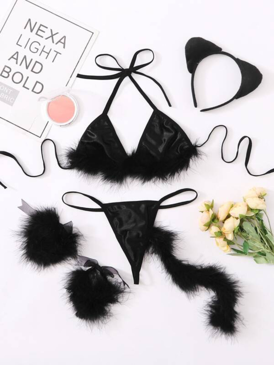 Fluffy Triangle Thong Costume 5 Piece Set-Soco Hoodie