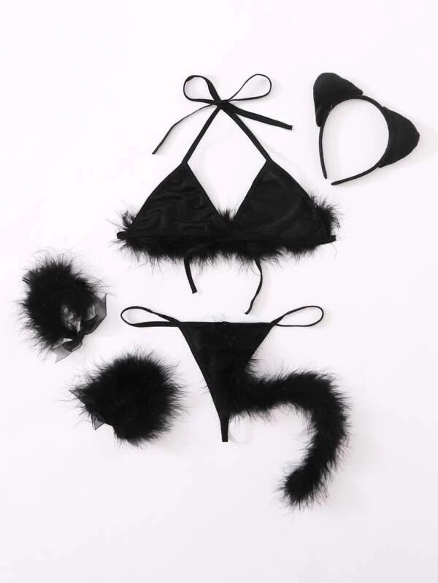 Fluffy Triangle Thong Costume 5 Piece Set-Soco Hoodie