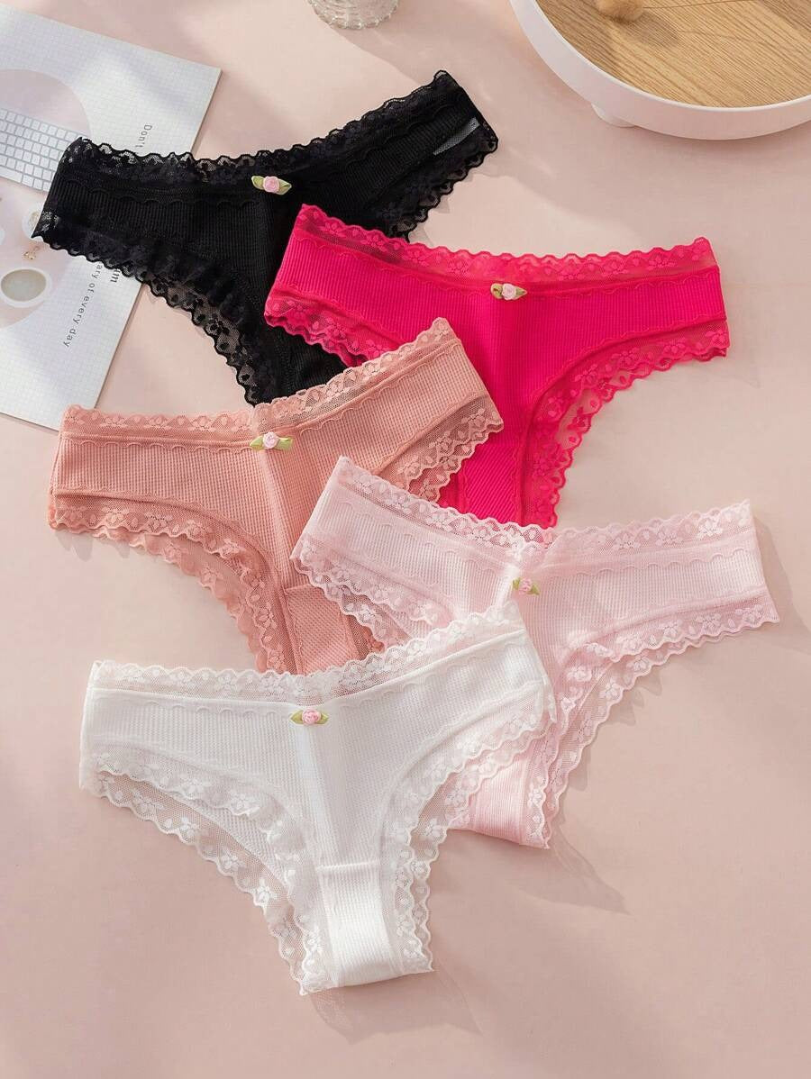 Contrast Lace Bow Front Panty Pack Of 5-Soco Hoodie