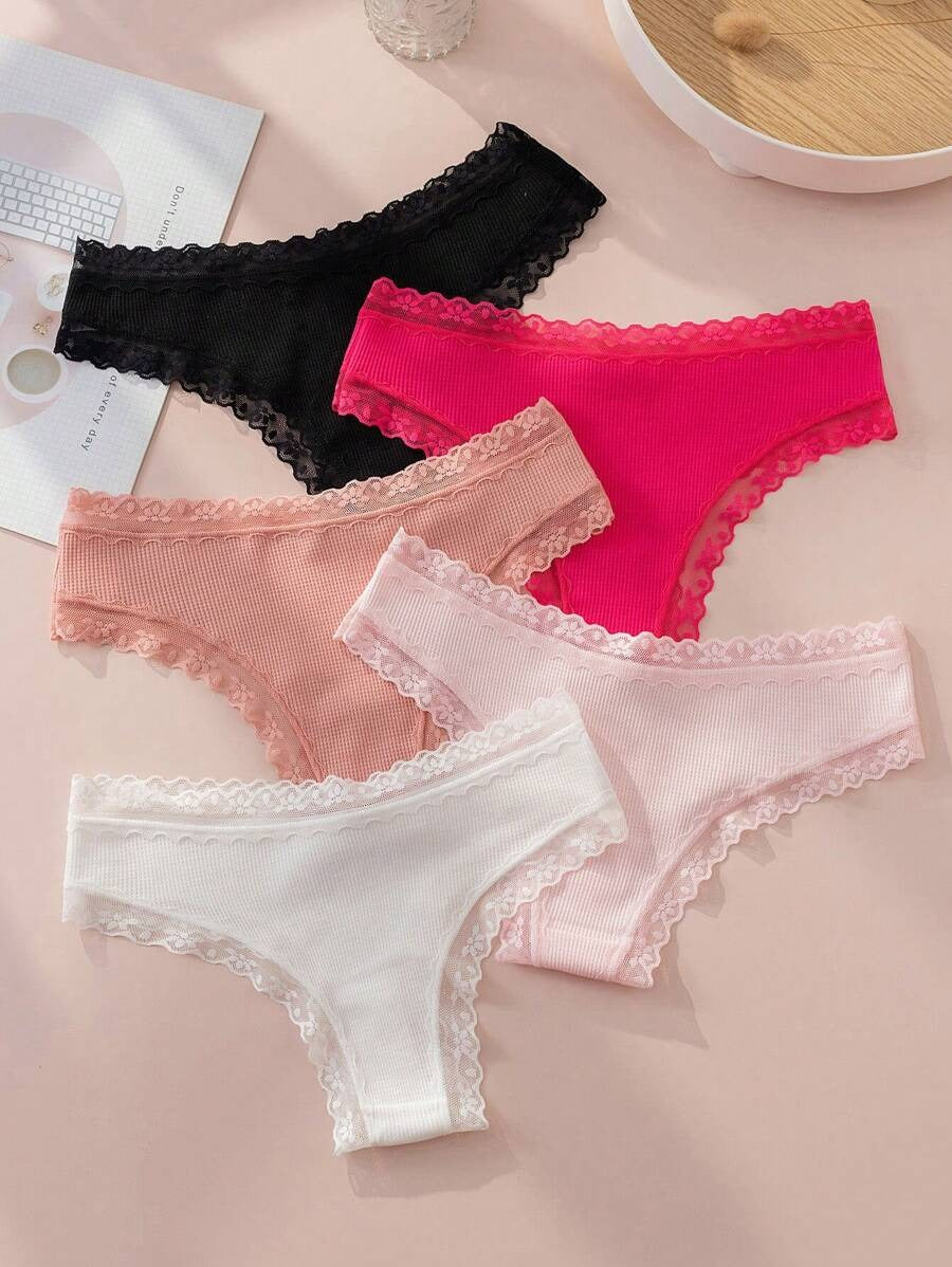 Contrast Lace Bow Front Panty Pack Of 5-Soco Hoodie
