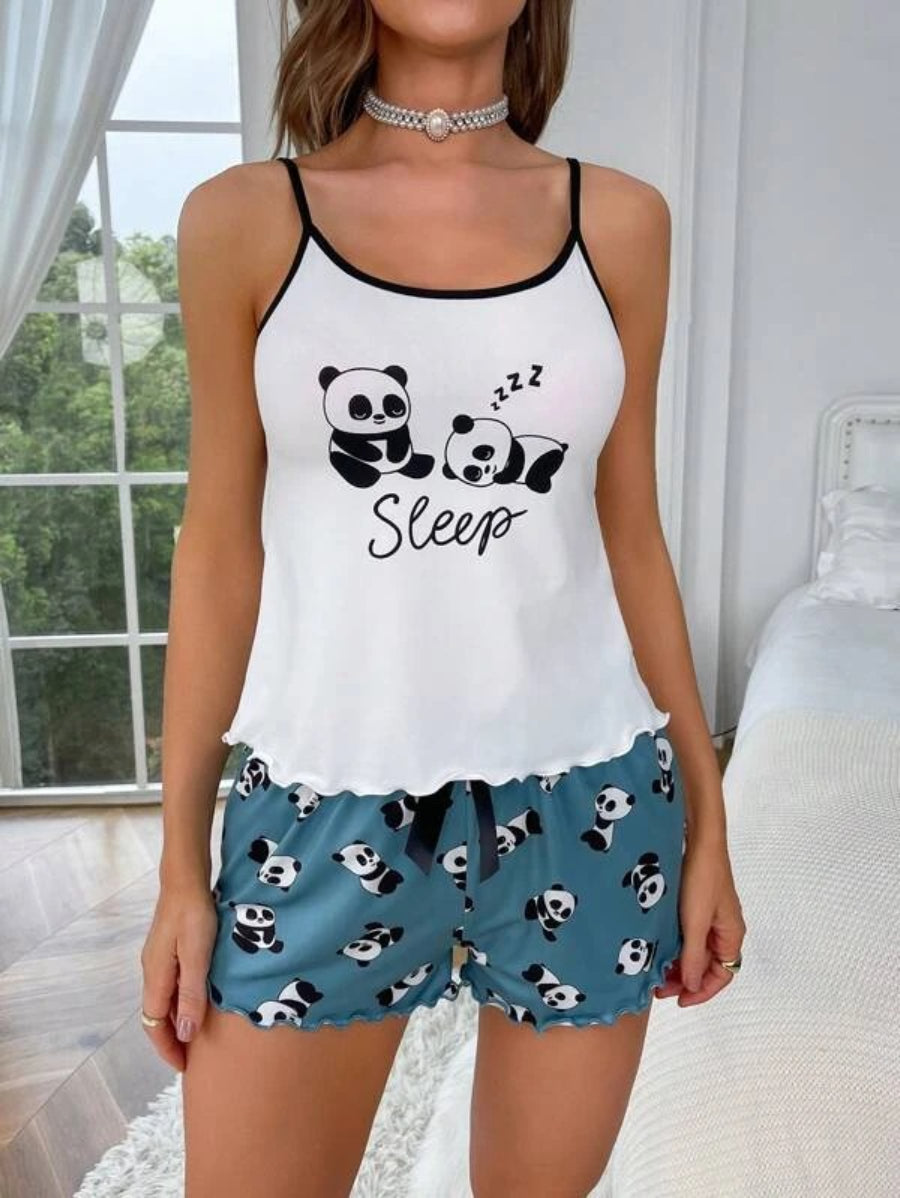 Panda And Letter Graphic Contrast Binding Shorts Set-Soco Hoodie