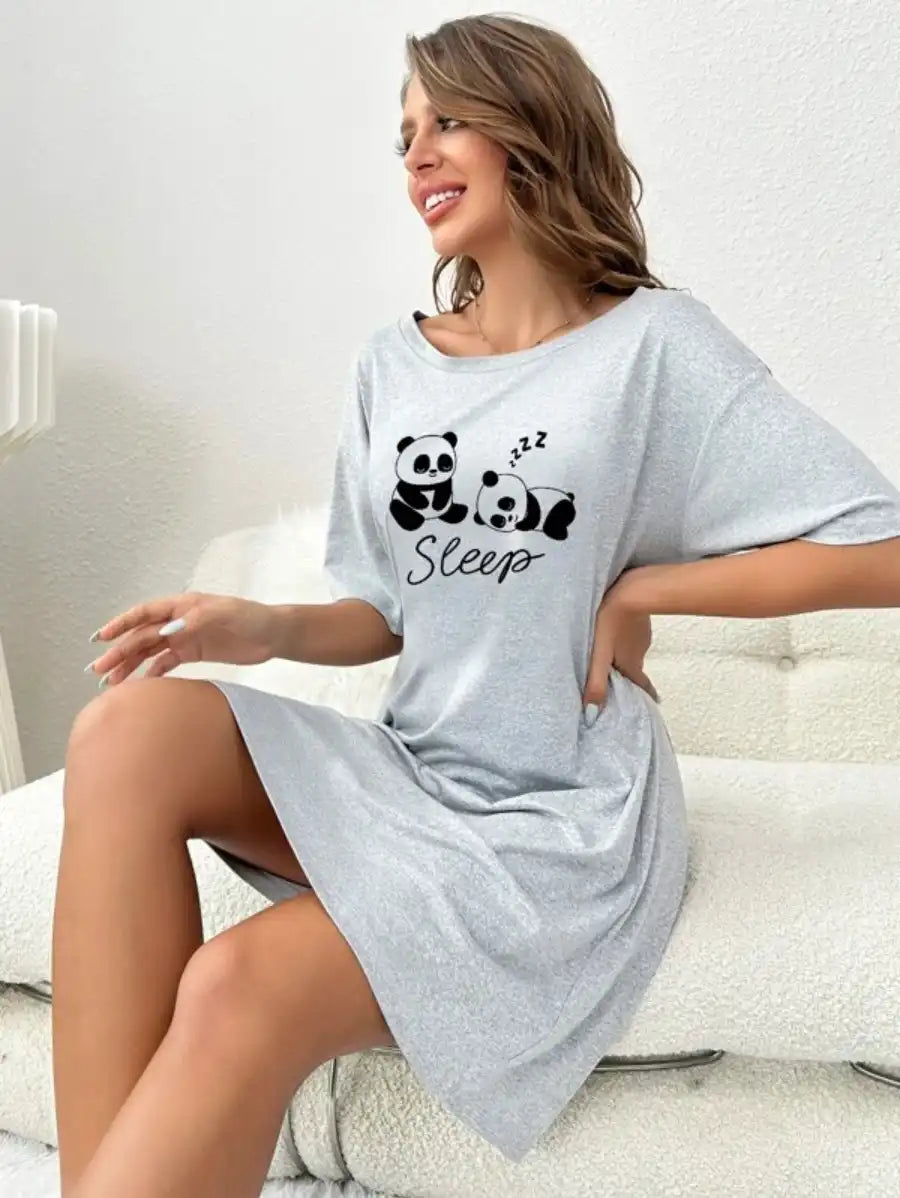 Panda And Letter Graphic Nightdress-Soco Hoodie