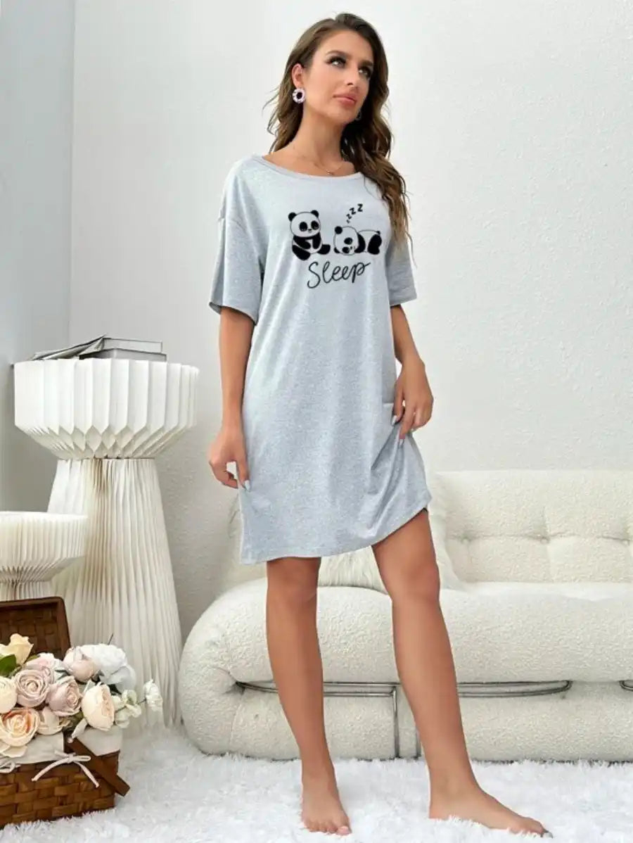 Panda And Letter Graphic Nightdress-Soco Hoodie
