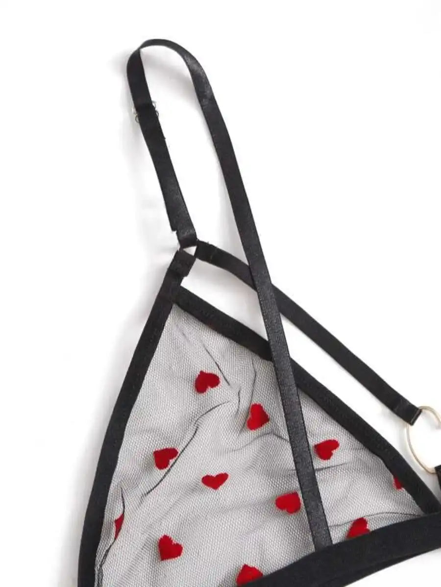 Pattern Mesh Ring Linked Lingerie Set-Soco Hoodie