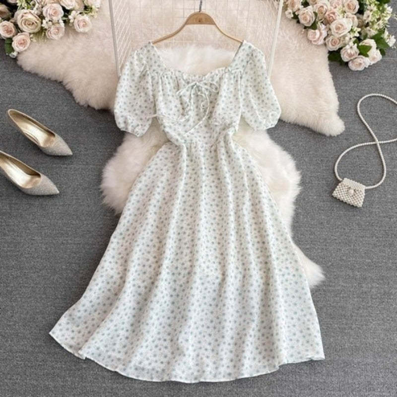 High Waist Floral Chiffon Short Sleeve Dress For Women-Soco Hoodie