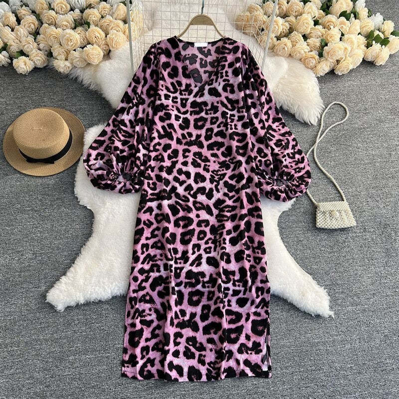 Leopard Print V-Neck Straight Dress For Women-Soco Hoodie