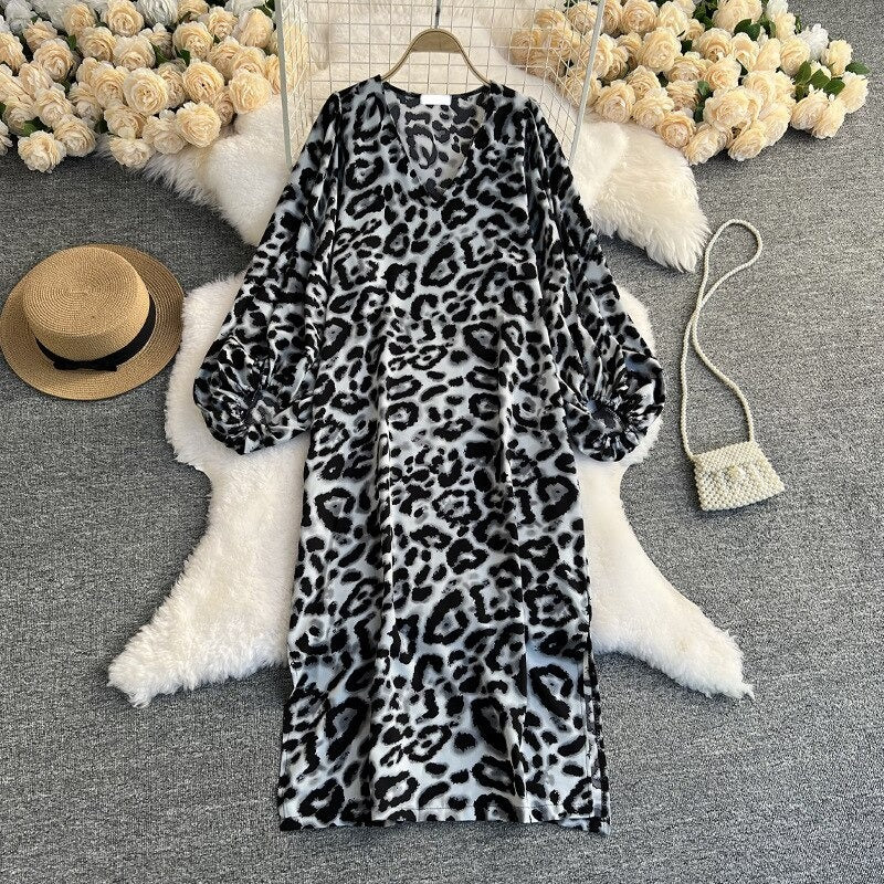 Leopard Print V-Neck Straight Dress For Women-Soco Hoodie