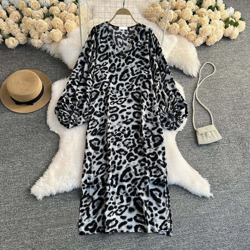 Leopard Print V-Neck Straight Dress For Women-Soco Hoodie