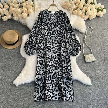 Leopard Print V-Neck Straight Dress For Women-Soco Hoodie