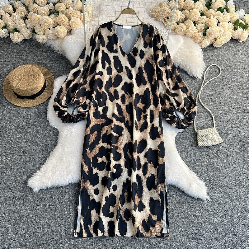 Leopard Print V-Neck Straight Dress For Women-Soco Hoodie