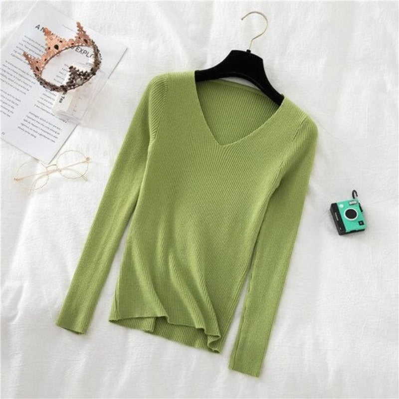 Woolen V-Neck Long-Sleeved Knitted Pullover For Women-Soco Hoodie