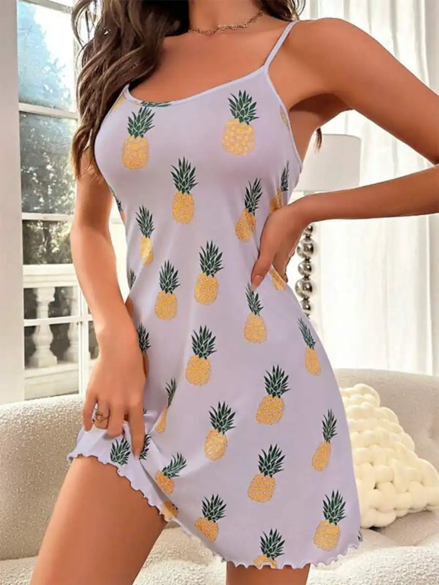 Pineapple Print Lettuce Trim Cami Nightdress-Soco Hoodie