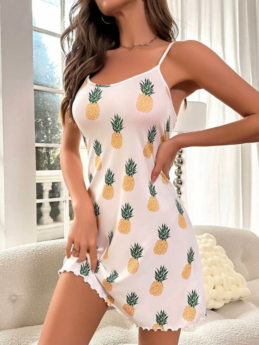 Pineapple Print Lettuce Trim Cami Nightdress-Soco Hoodie