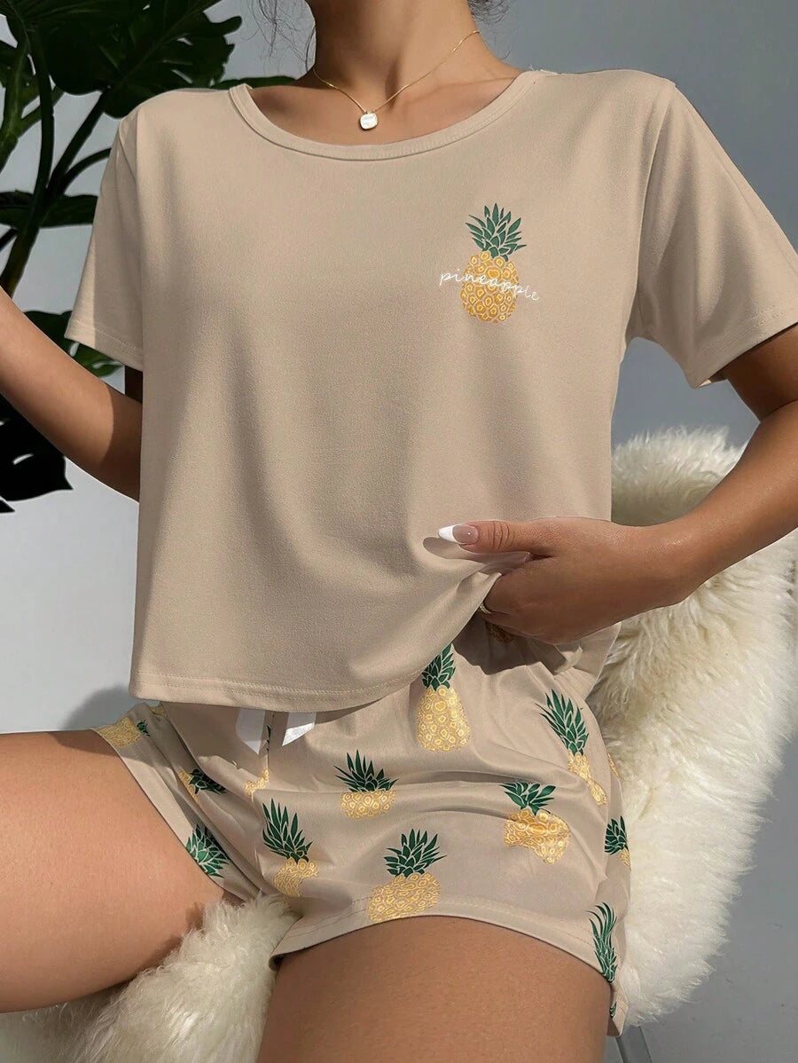 Pineapple Print Tee And Shorts Set-Soco Hoodie