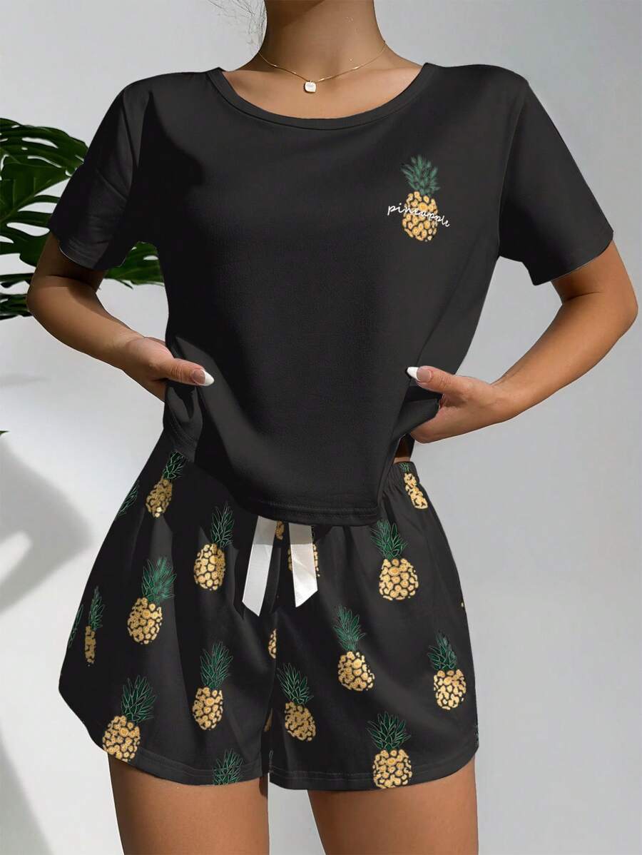 Pineapple Print Tee And Shorts Set-Soco Hoodie