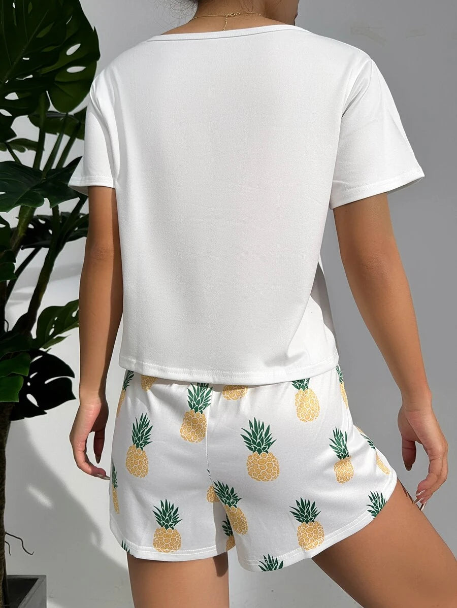 Pineapple Print Tee And Shorts Set-Soco Hoodie
