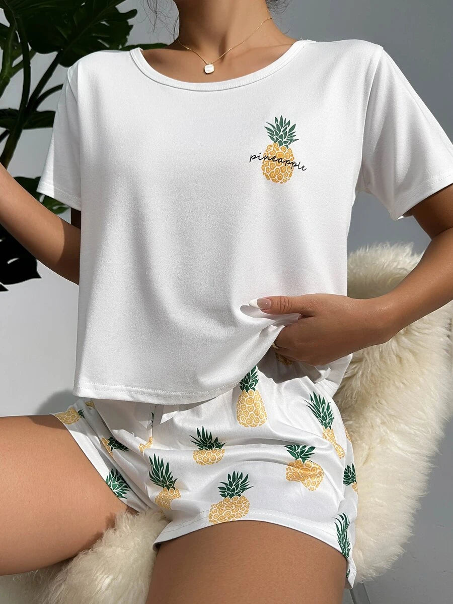 Pineapple Print Tee And Shorts Set-Soco Hoodie