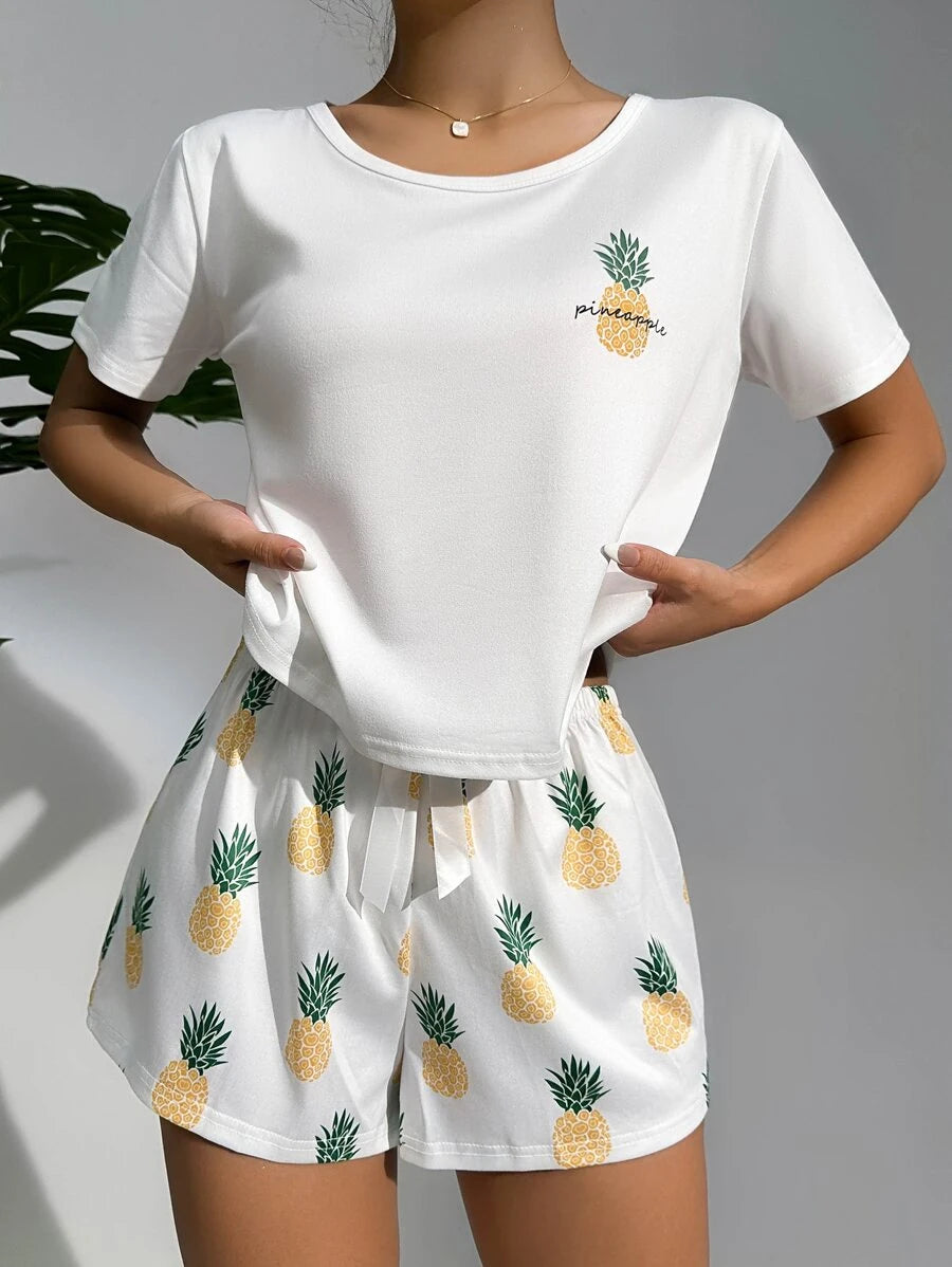 Pineapple Print Tee And Shorts Set-Soco Hoodie