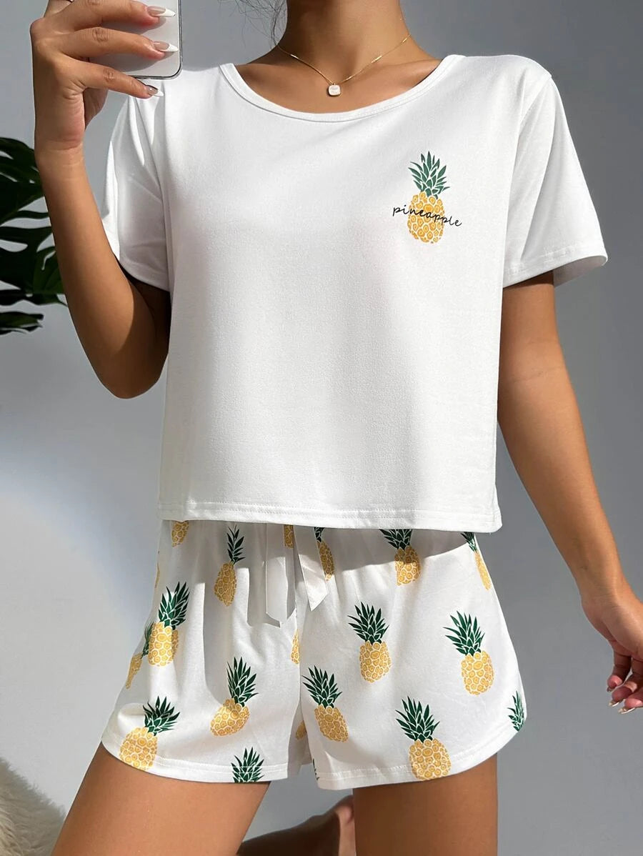 Pineapple Print Tee And Shorts Set-Soco Hoodie