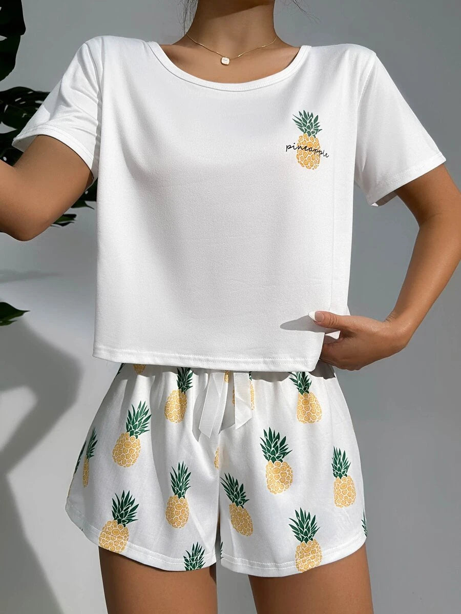 Pineapple Print Tee And Shorts Set-Soco Hoodie